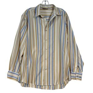 Tommy Bahama Mens M 100% Silk Striped Long Sleeve Button Down Shirt Tan Blue